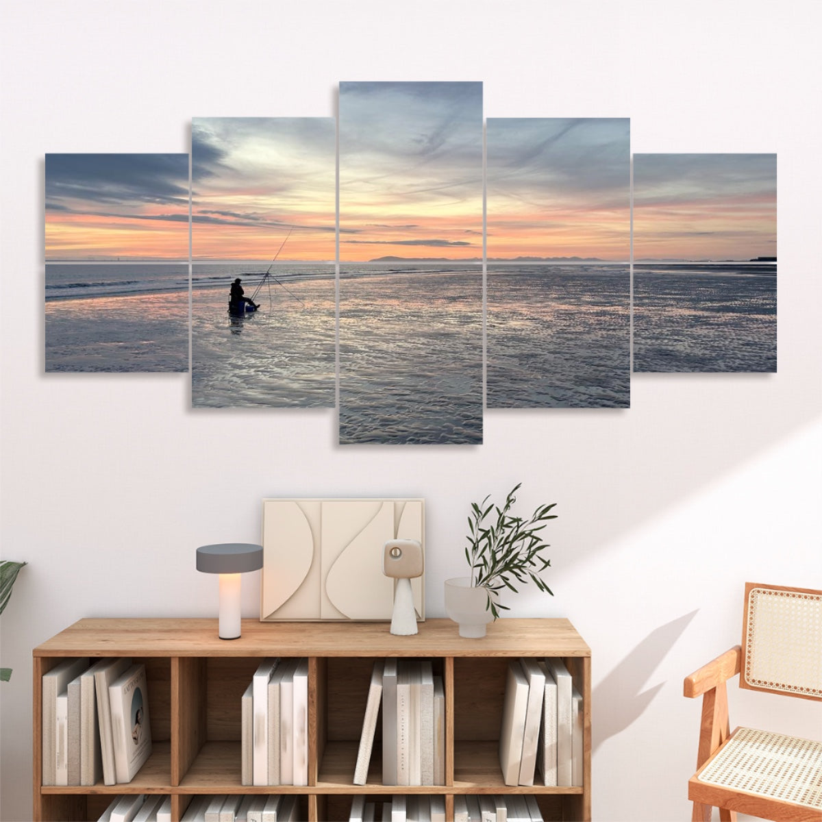 Ocean Sunset 10 Decorative Sound Absorbing Wall Panels showing a serene beach scene with a person fishing at sunset
