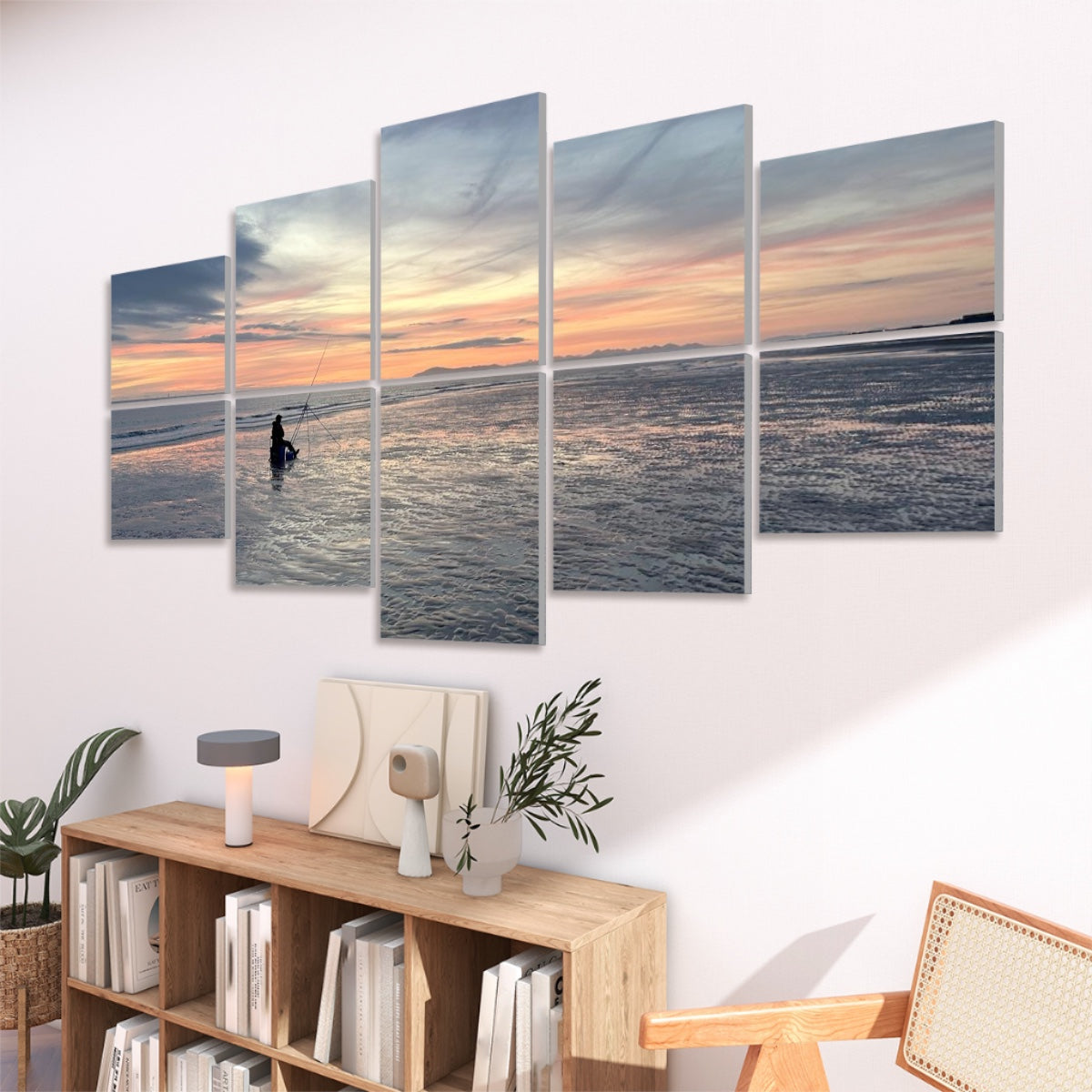 Ocean Sunset 10 Decorative Sound Absorbing Wall Panels featuring a serene sunset over ocean with fisherman silhouette