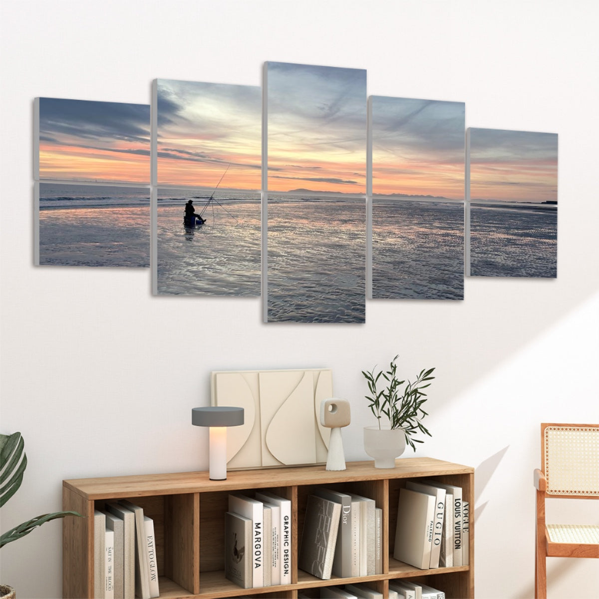 Ocean Sunset 10 Decorative Sound Absorbing Wall Panels featuring a serene beachfront fishing scene at sunset