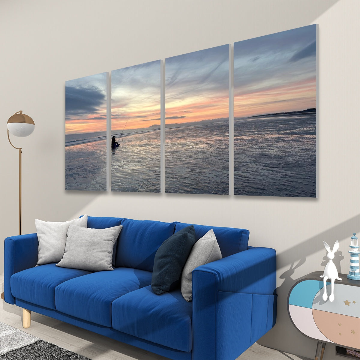 4 Decorative Sound Absorbing Panels Featuring Sunset Fishing by Papi's Canvas above blue sofa