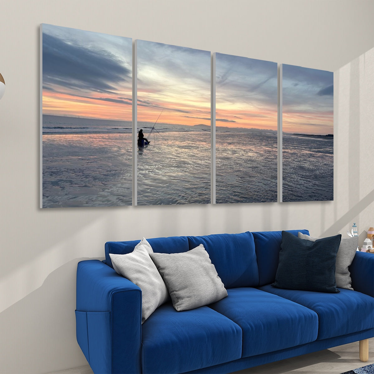4 Decorative Sound Absorbing Panels Featuring Sunset Fishing above blue couch in modern living room
