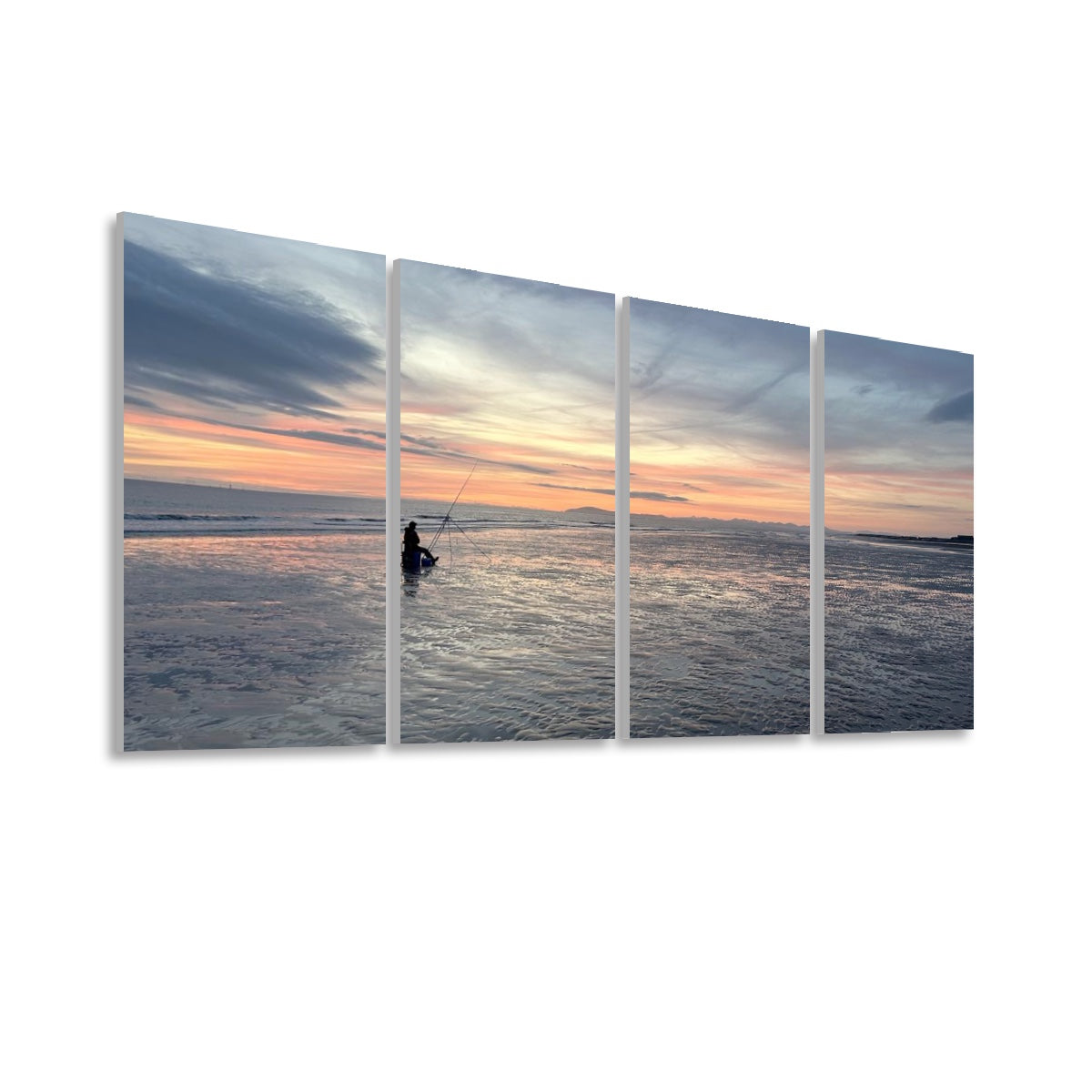 4 Decorative Sound Absorbing Panels Featuring Sunset Fishing with a scenic ocean view and a person fishing