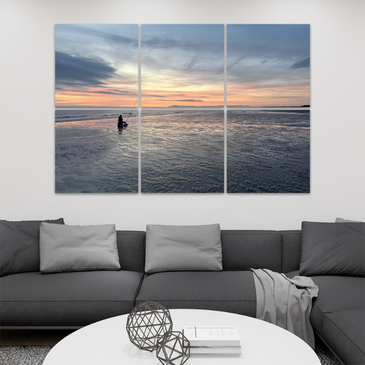 6 Decorative Sound Absorbing Wall Panels featuring Sunset Fishing On The Beach above modern gray sofa in living room