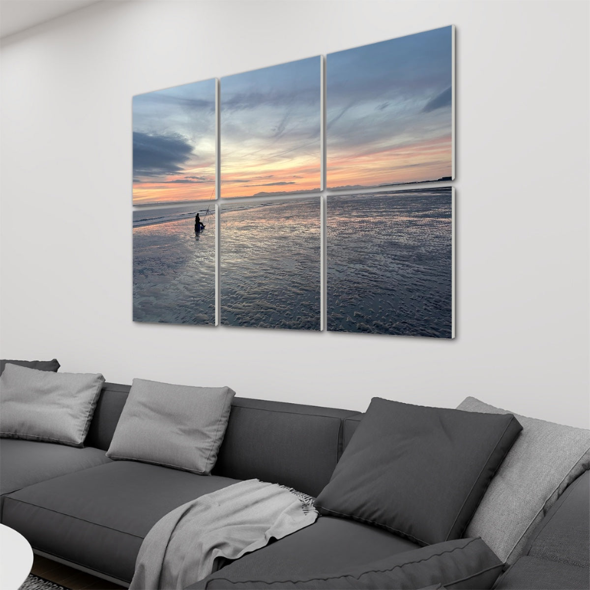 6 Decorative Sound Absorbing Wall Panels featuring Sunset Fishing On The Beach displayed above gray sectional sofa