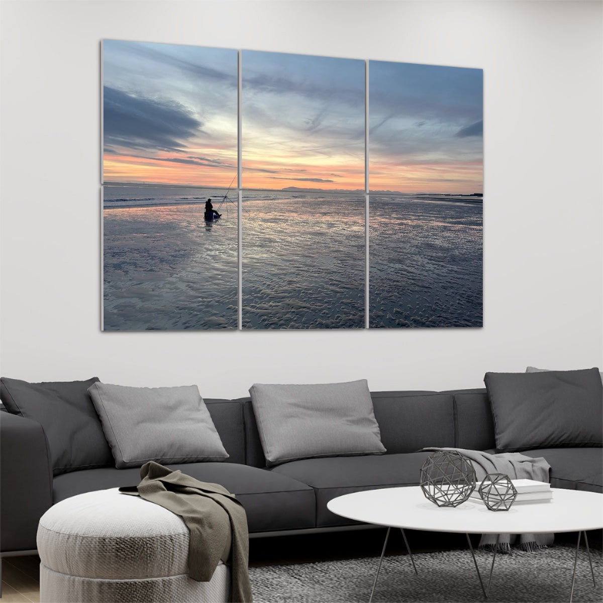 6 Decorative Sound Absorbing Wall Panels featuring Sunset Fishing On The Beach above modern sofa in living room