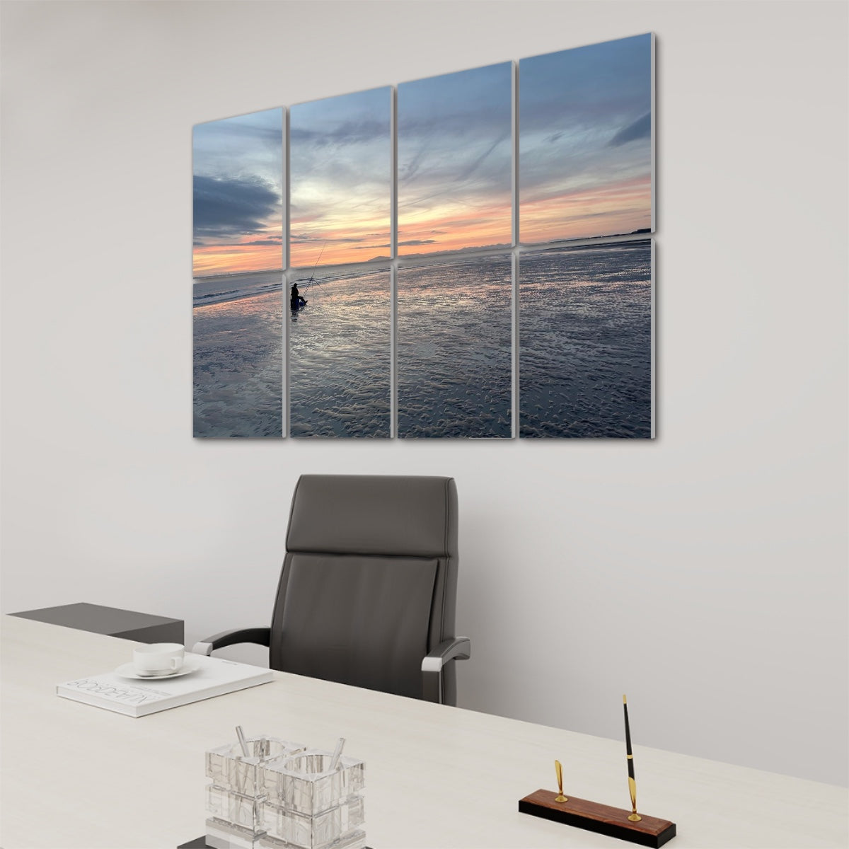 8 Decorative Sound Absorbing Wall Panels featuring ocean sunset displayed above office desk with chair