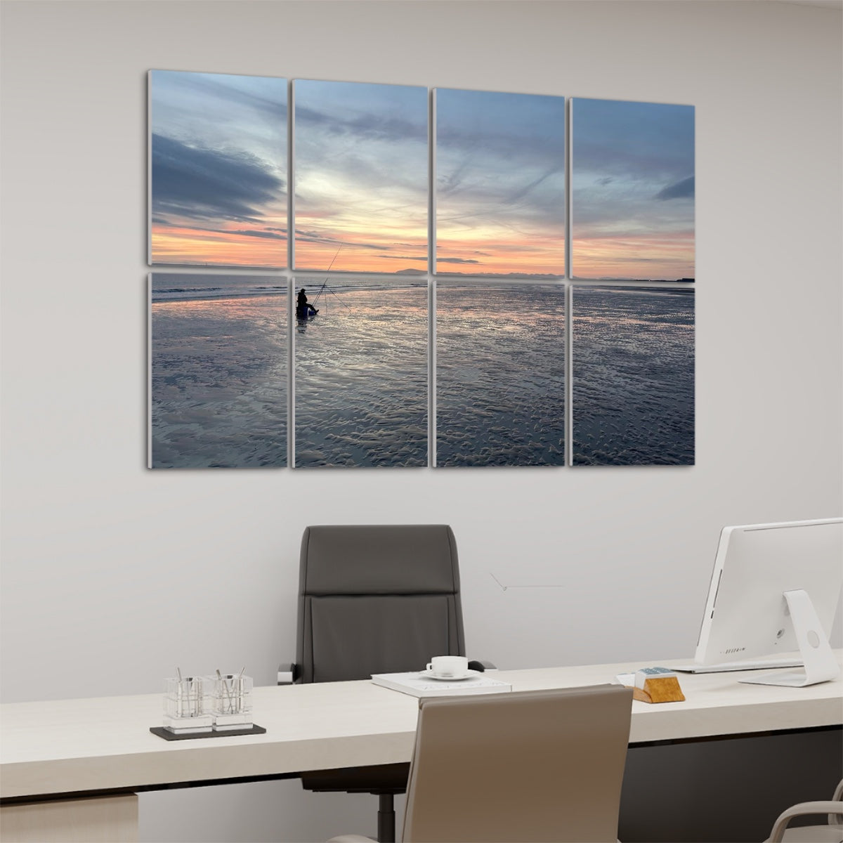 8 Decorative Sound Absorbing Wall Panels featuring ocean sunset with calm water and fishing scene
