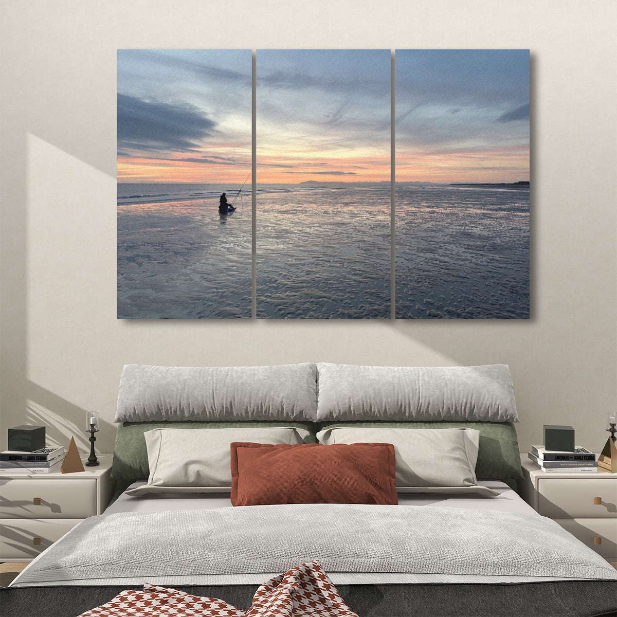 3 Decorative Sound Absorbing Wall Panels Featuring Beach Sunset over calm ocean above bedroom headboard