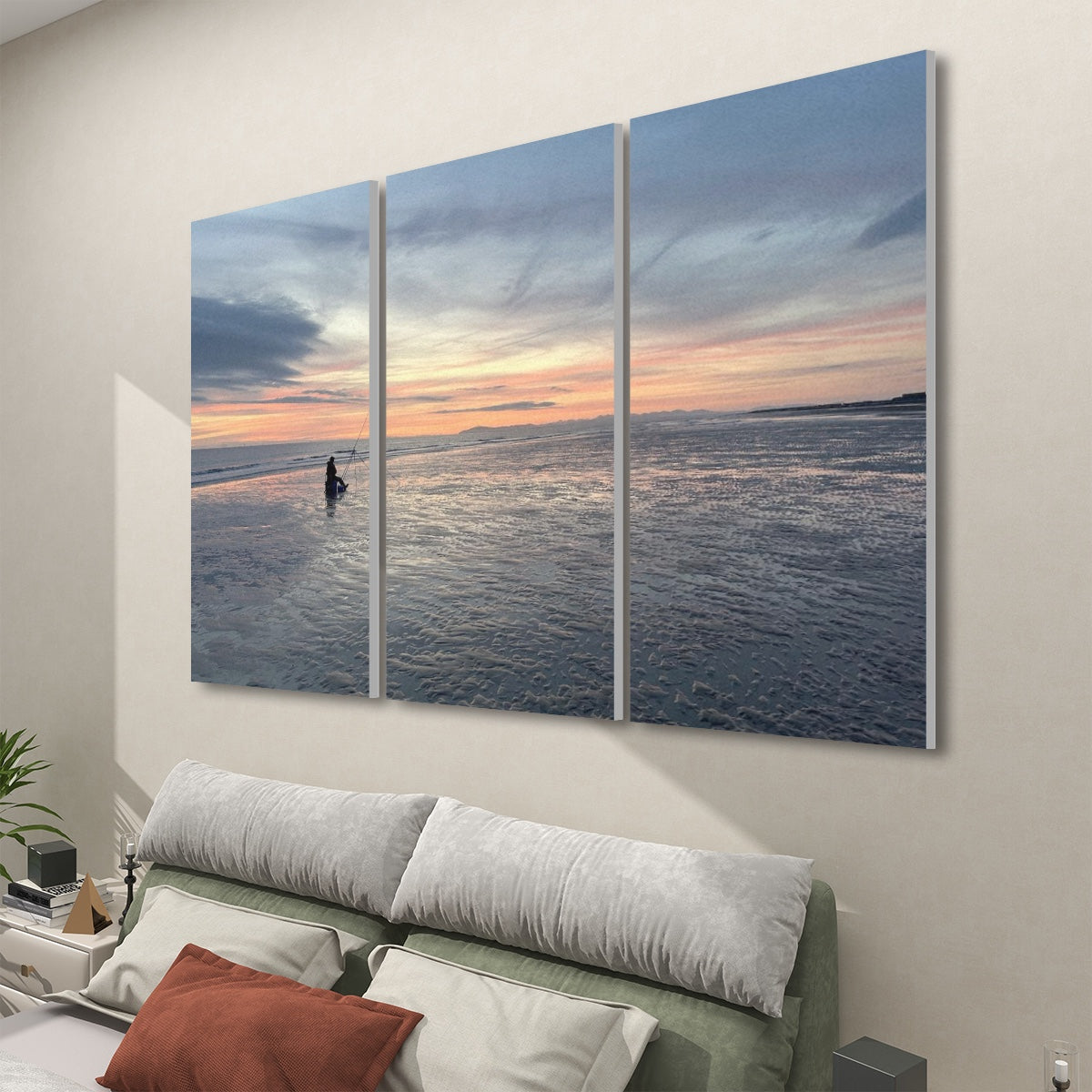 3 Decorative Sound Absorbing Wall Panels Featuring Beach Sunset above gray couch in modern living room