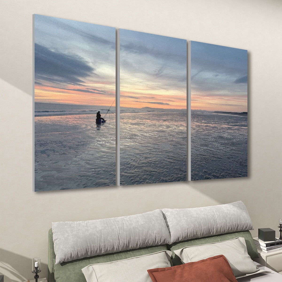 3 Decorative Sound Absorbing Wall Panels Featuring Beach Sunset with a person fishing at dusk above a couch