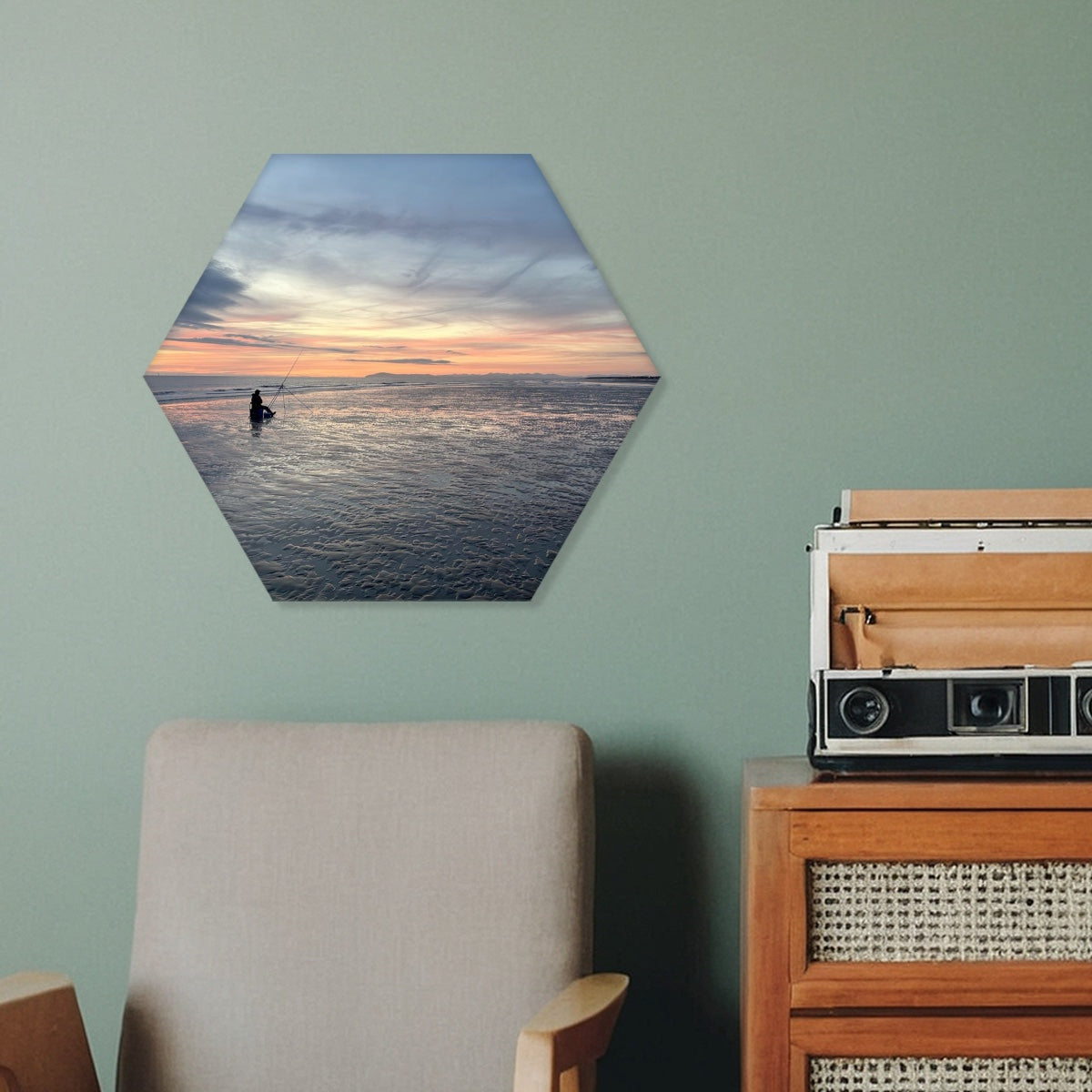 Single Hexagon Sound absorbing Wall Panel featuring Beach Sunset showing a serene ocean scene with a person fishing at dusk