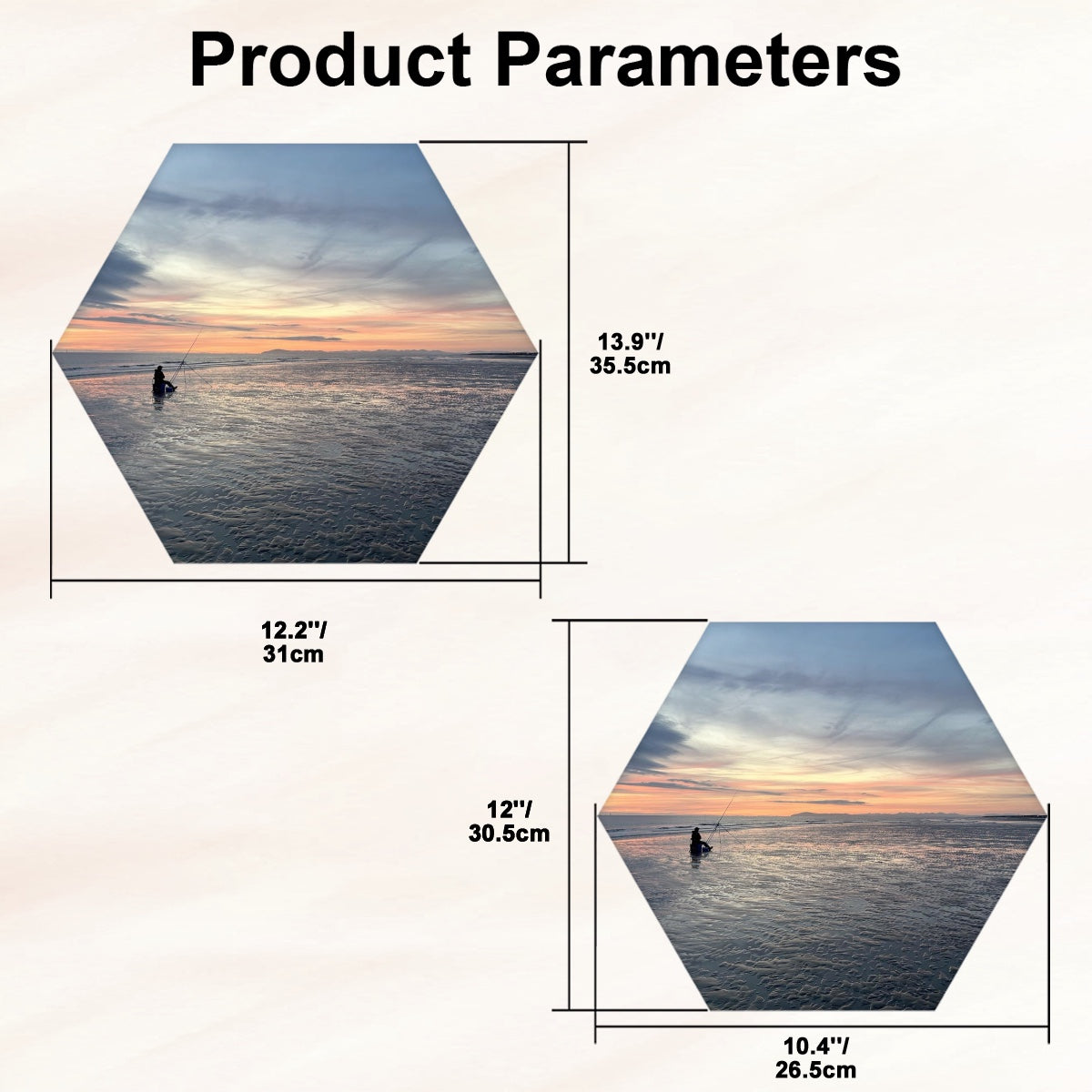 Single Hexagon Sound absorbing Wall Panel featuring Beach Sunset with ocean and sky dimensions shown
