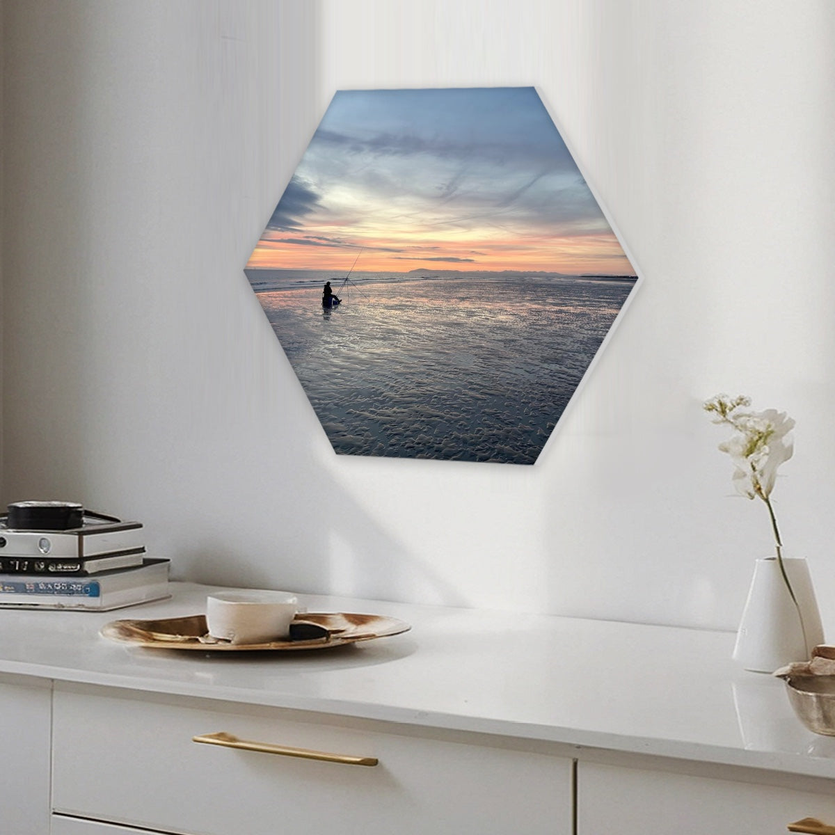 Single Hexagon Sound absorbing Wall Panel featuring Beach Sunset above white modern dresser with decorative vase and books