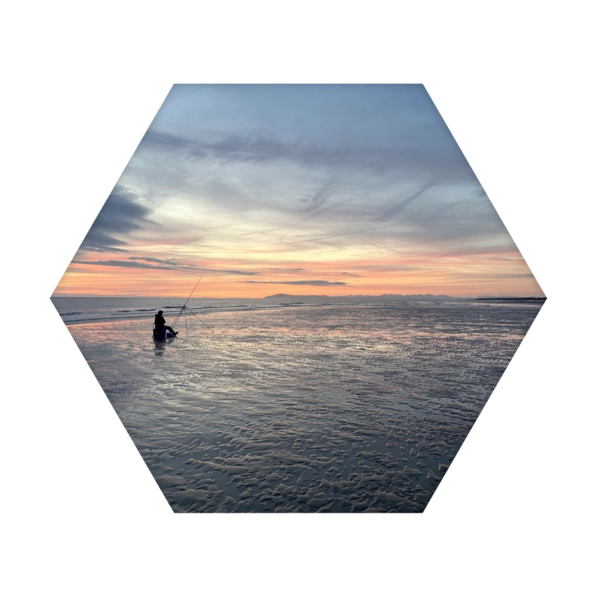 Single Hexagon Sound absorbing Wall Panel featuring Beach Sunset with fisherman in calm water under colorful sky
