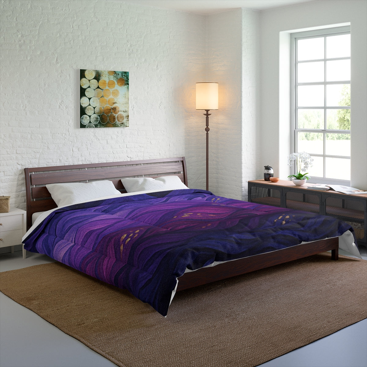 Modern bedroom mockup with the technicolor comforter spanning a king bed, exuding intensity and vibrance. Size: 104" × 88"