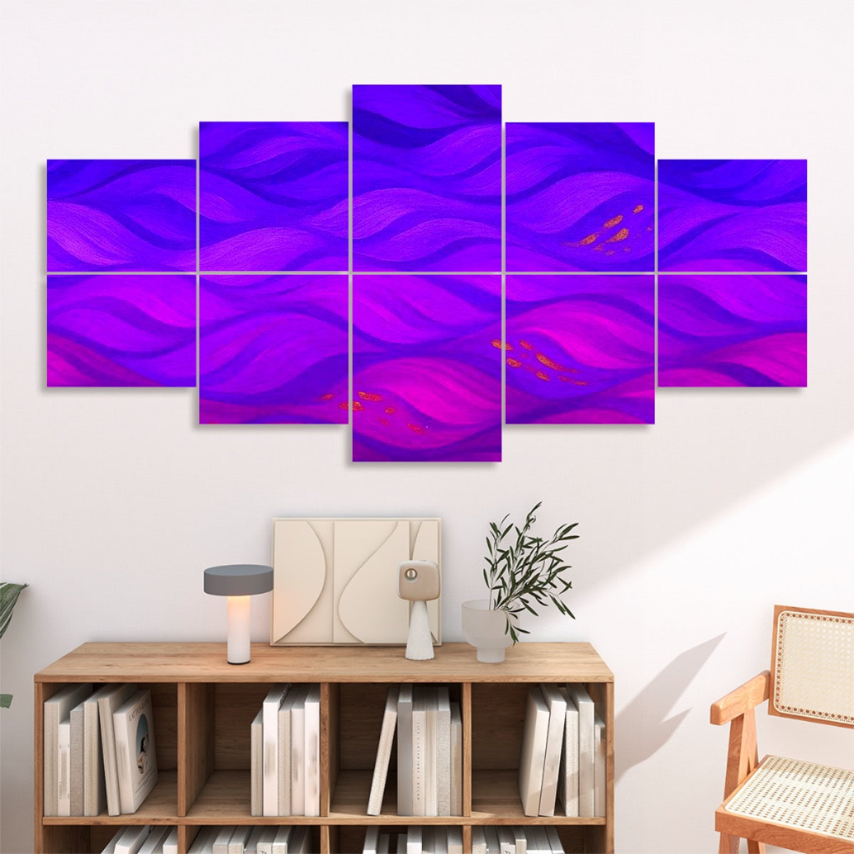 Technicolor version of Gilded Amethyst Currents with vibrant purples, magentas, and surreal highlights spread across ten acoustic wall panels.