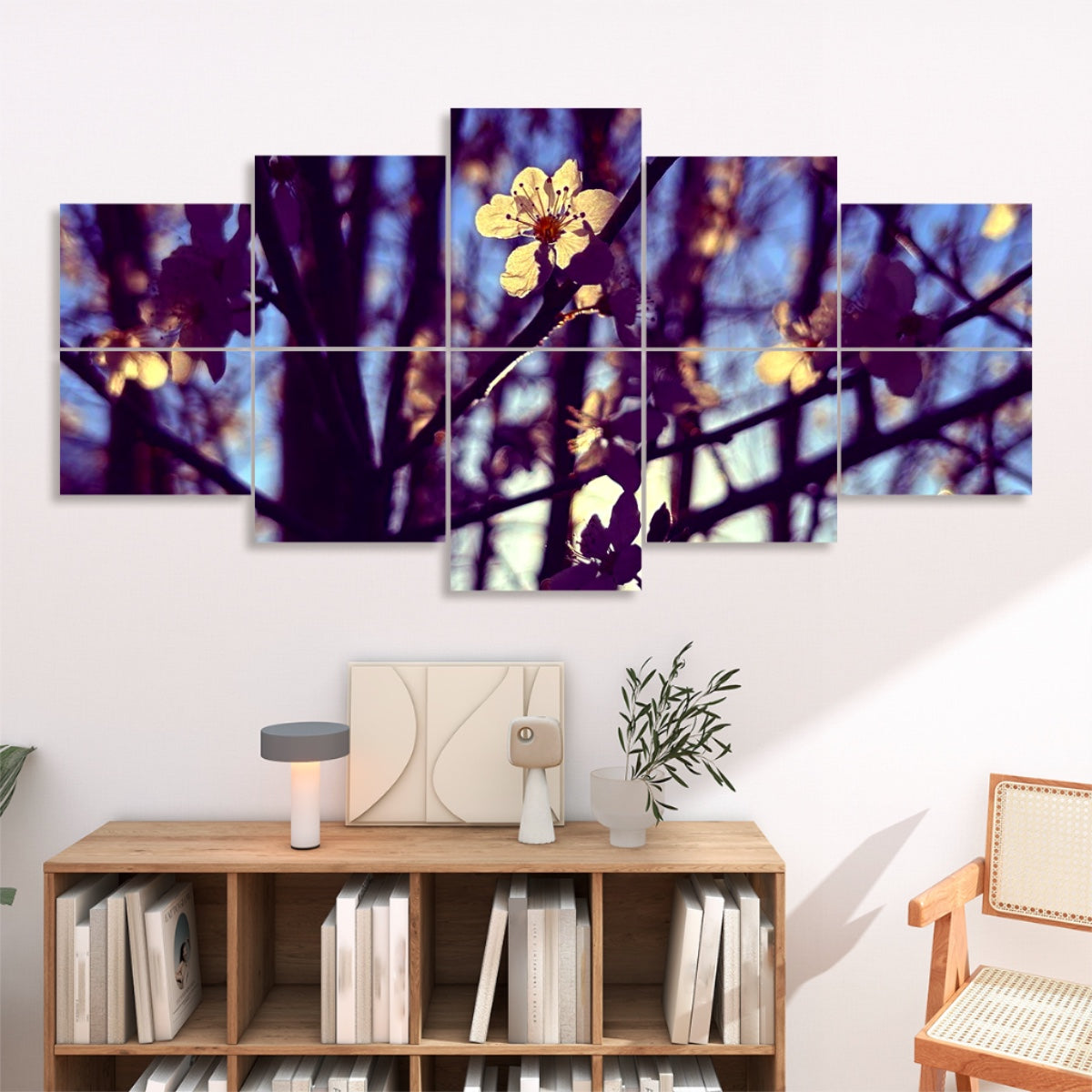 Vivid technicolor version of blossoms and branches with exaggerated blue, gold, and green tones, creating a dramatic effect across 10 sound absorbing wall panels.