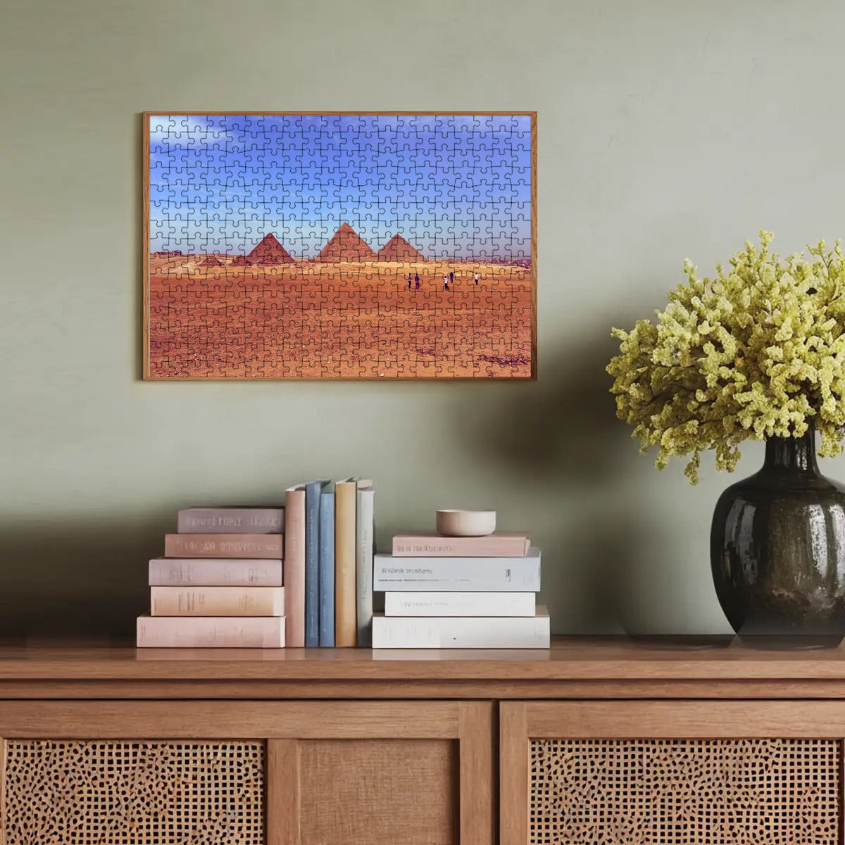 Technicolor-enhanced version of the Giza pyramids with vivid desert and sky hues.