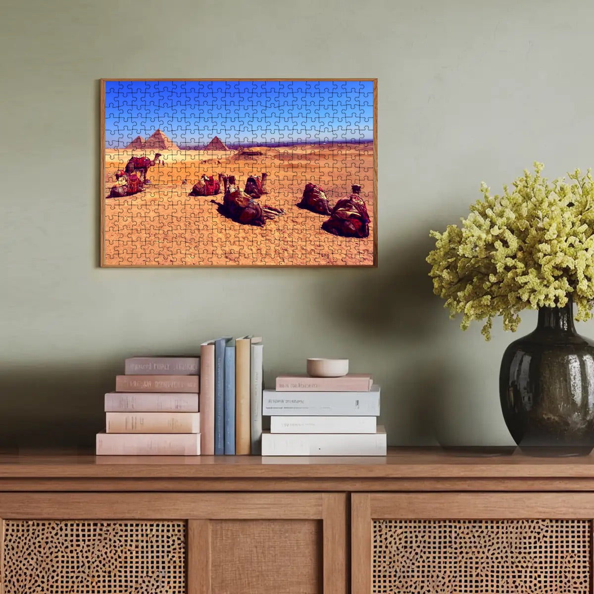 High-saturation technicolor version of puzzle with camels and pyramids in Giza, 300 basswood pieces