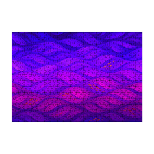 300 piece wooden jigsaw puzzle in technicolor featuring high-saturation purples, blues, and reds in dynamic wave forms