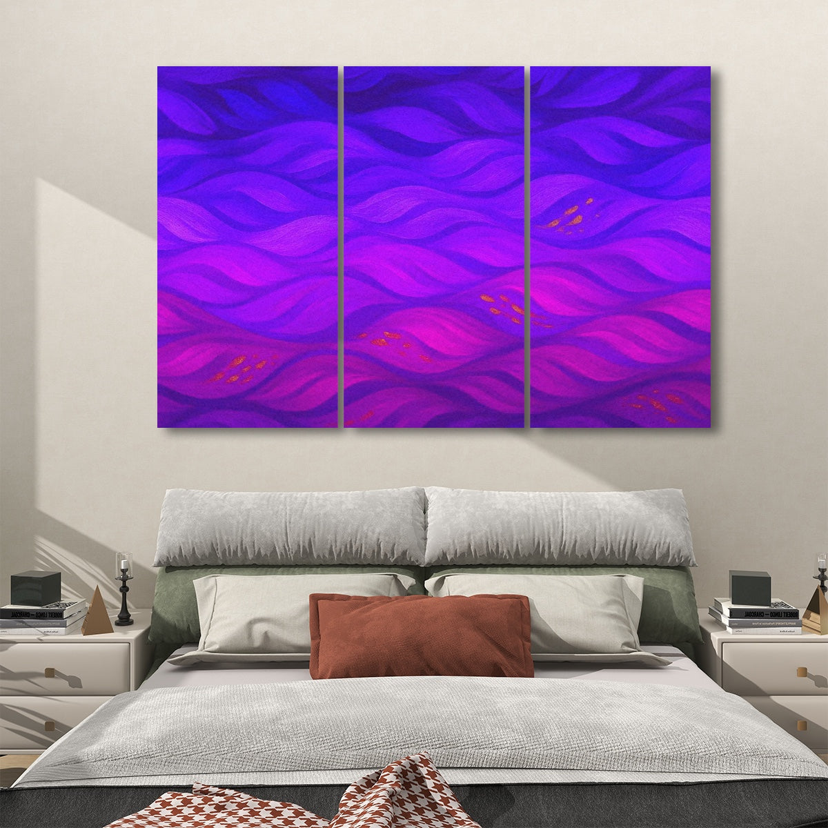 Vibrant technicolor interpretation of Gilded Amethyst Currents, spanning three acoustic panels in a bright bedroom space