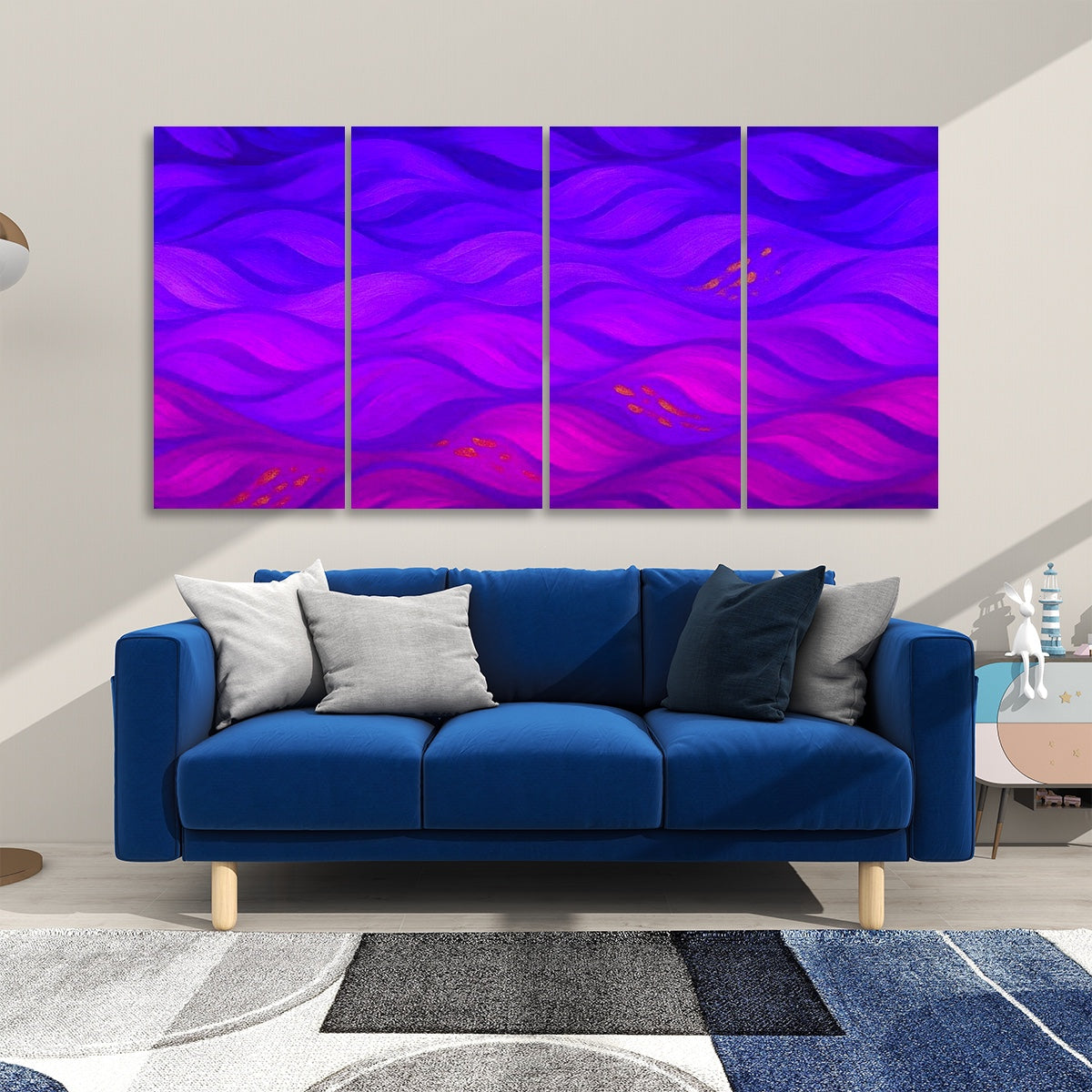 Technicolor variant of Gilded Amethyst Currents in vibrant magentas and purples displayed on 4 sound absorbing panels