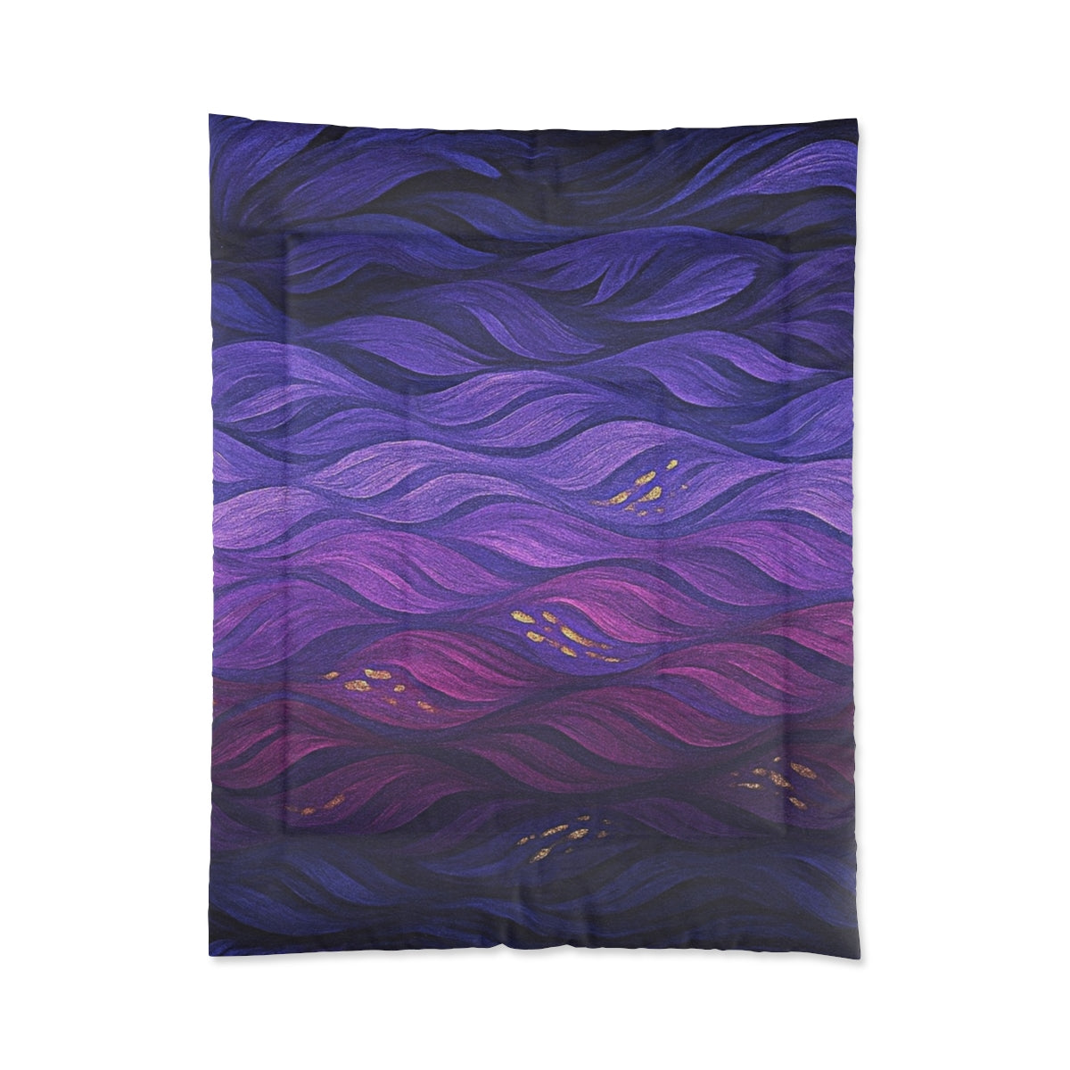 Technicolor comforter with saturated violet, blue, and red waves accented in gold. Size: 68" × 88"