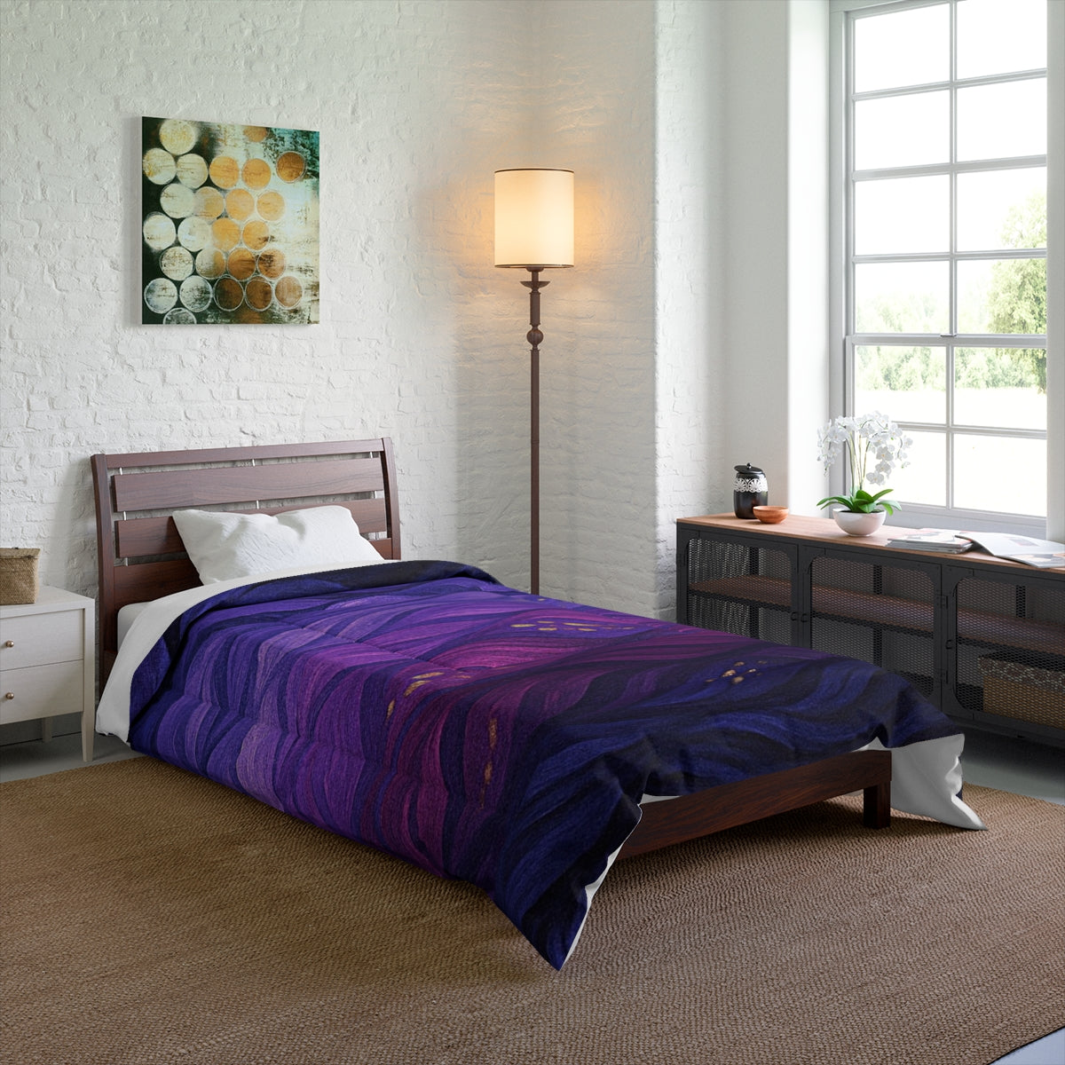 Bedroom with technicolor comforter on a twin bed; radiant blues and purples energize the space. Size: 68" × 88"