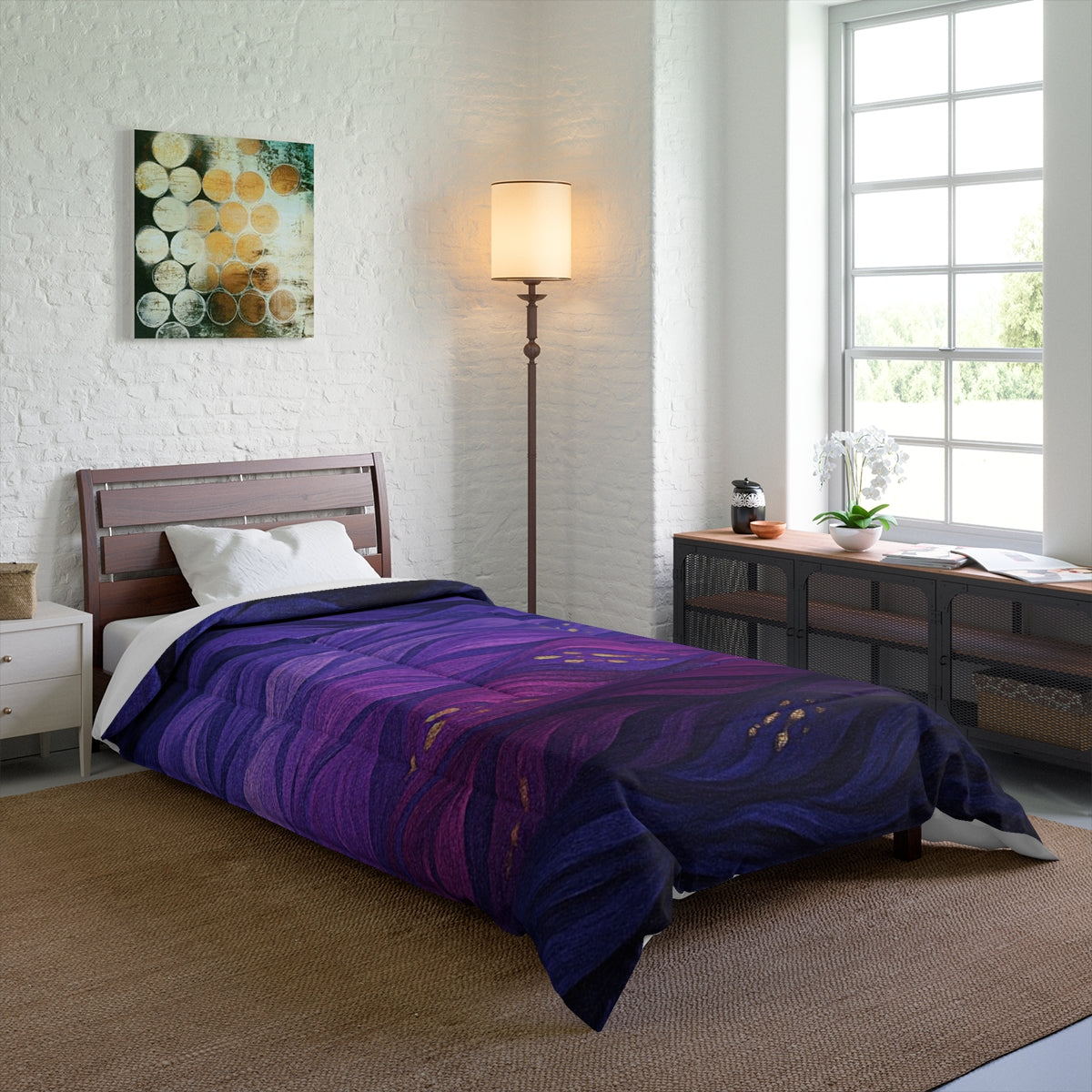 Elongated bed mockup showcasing the technicolor comforter with vivid wave patterns. Size: 68" × 92"
