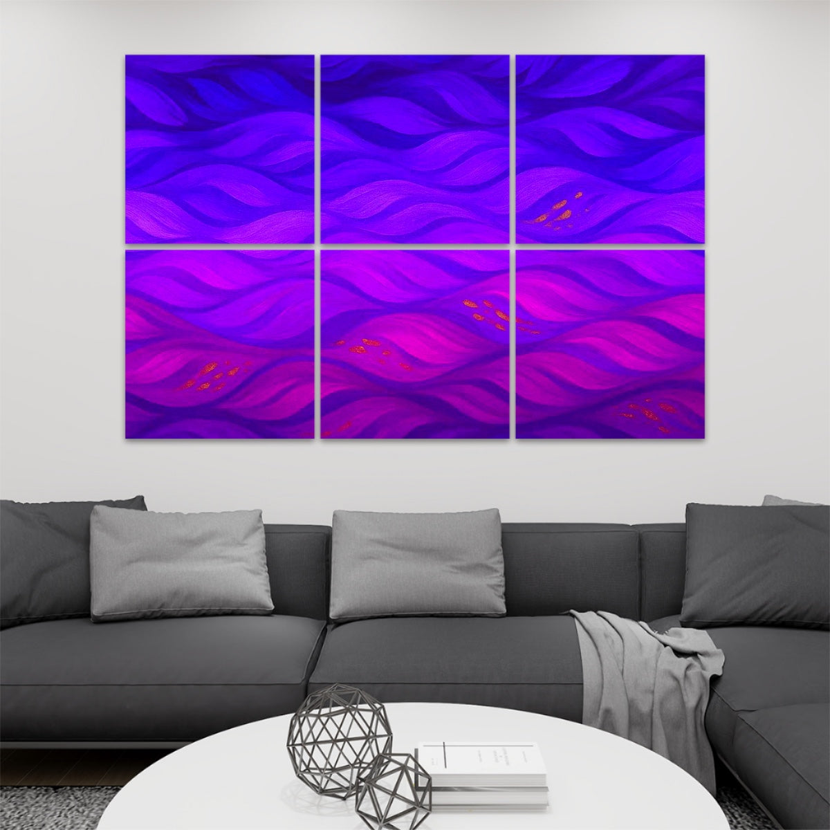 Technicolor version of Gilded Amethyst Currents on 6 sound-absorbing wall panels with vibrant, surreal hues