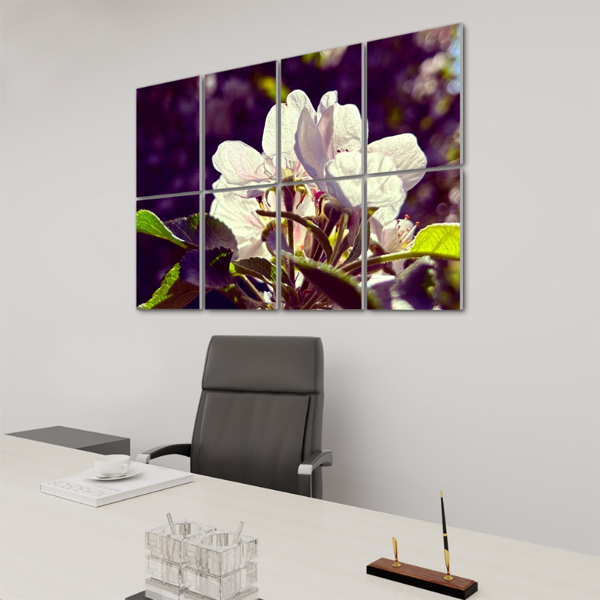 Technicolor version of spring blossoms and foliage with vivid greens and glowing white petals arranged across 8 decorative sound absorbing panels.
