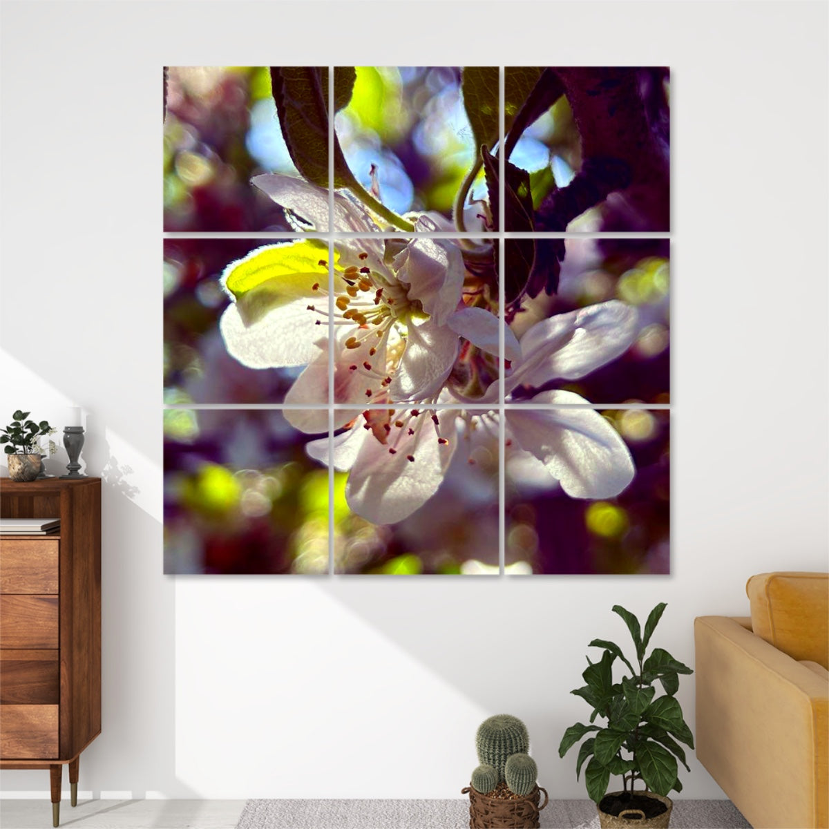 Technicolor version of flower petals in saturated colors with glowing background, divided across 9 floral acoustic wall panels.