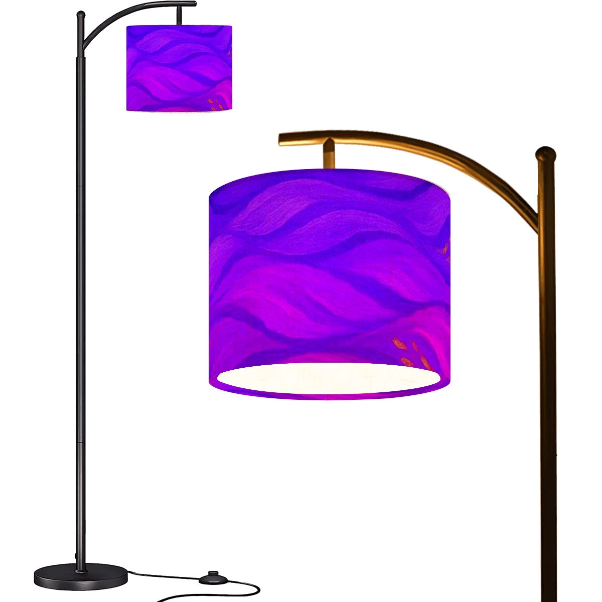 Arc floor lamp with black base and gold arm; linen shade bursting with bold, highly saturated multicolor wave patterns.