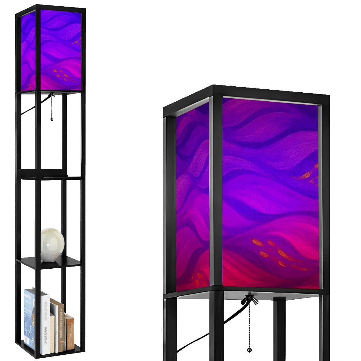 black-and-white-finish wood floor lamp with three shelves showcasing a vase and books, topped by a linen cube shade in a striking rainbow technicolor wavy pattern. The lamp features a pull-chain switch and visible black power cord.