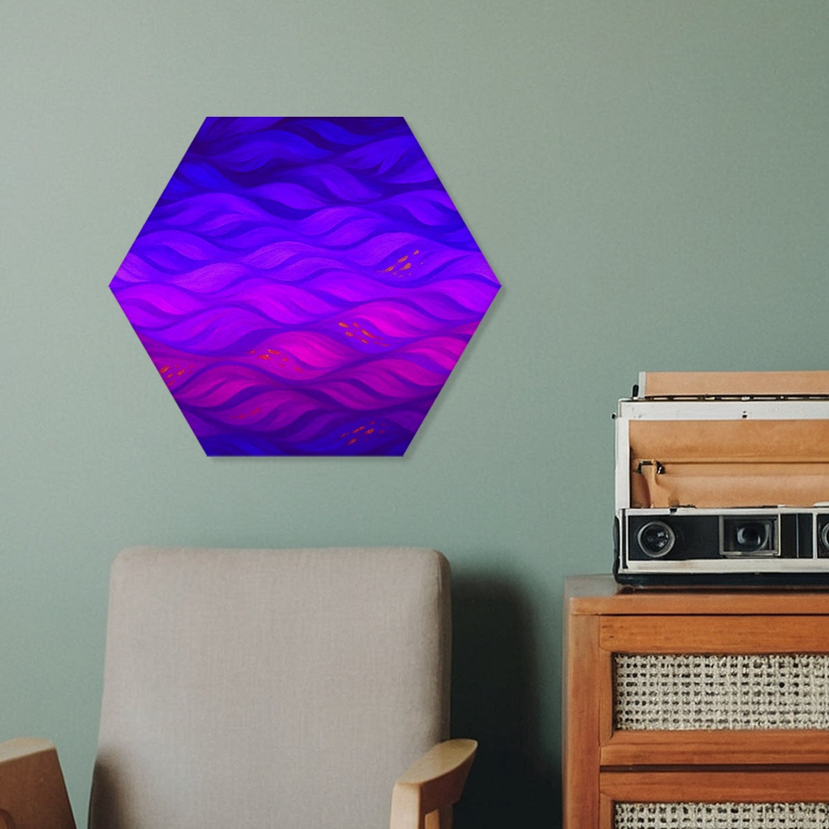 Bright technicolor variant of Gilded Amethyst Currents featuring bold magentas and blues, mounted in a creative corner.