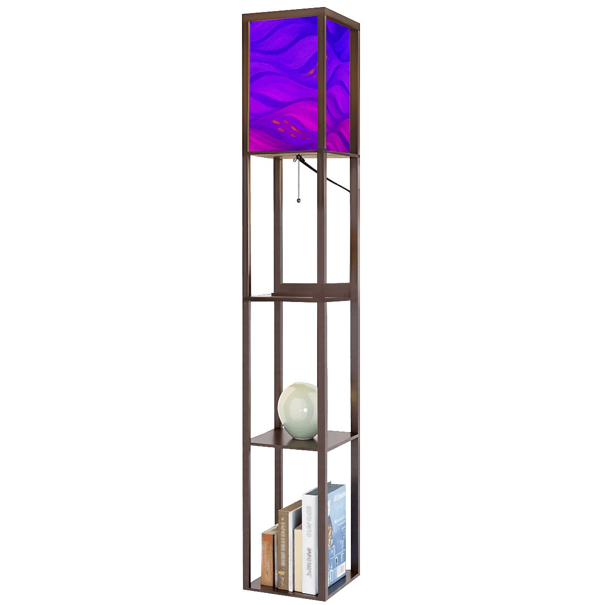 Walnut-finish wood floor lamp with three shelves showcasing a vase and books, topped by a linen cube shade in a striking rainbow technicolor wavy pattern. The lamp features a pull-chain switch and visible black power cord.