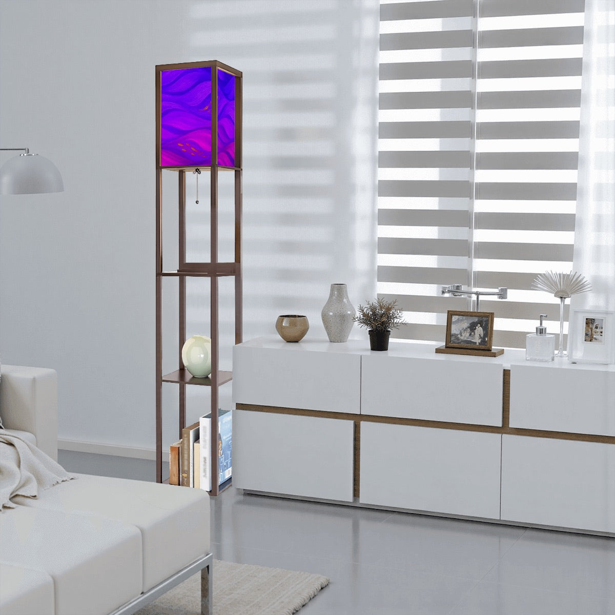 Walnut-finish wood floor lamp with three shelves showcasing a vase and books, topped by a linen cube shade in a striking rainbow technicolor wavy pattern. The lamp features a pull-chain switch and visible black power cord.