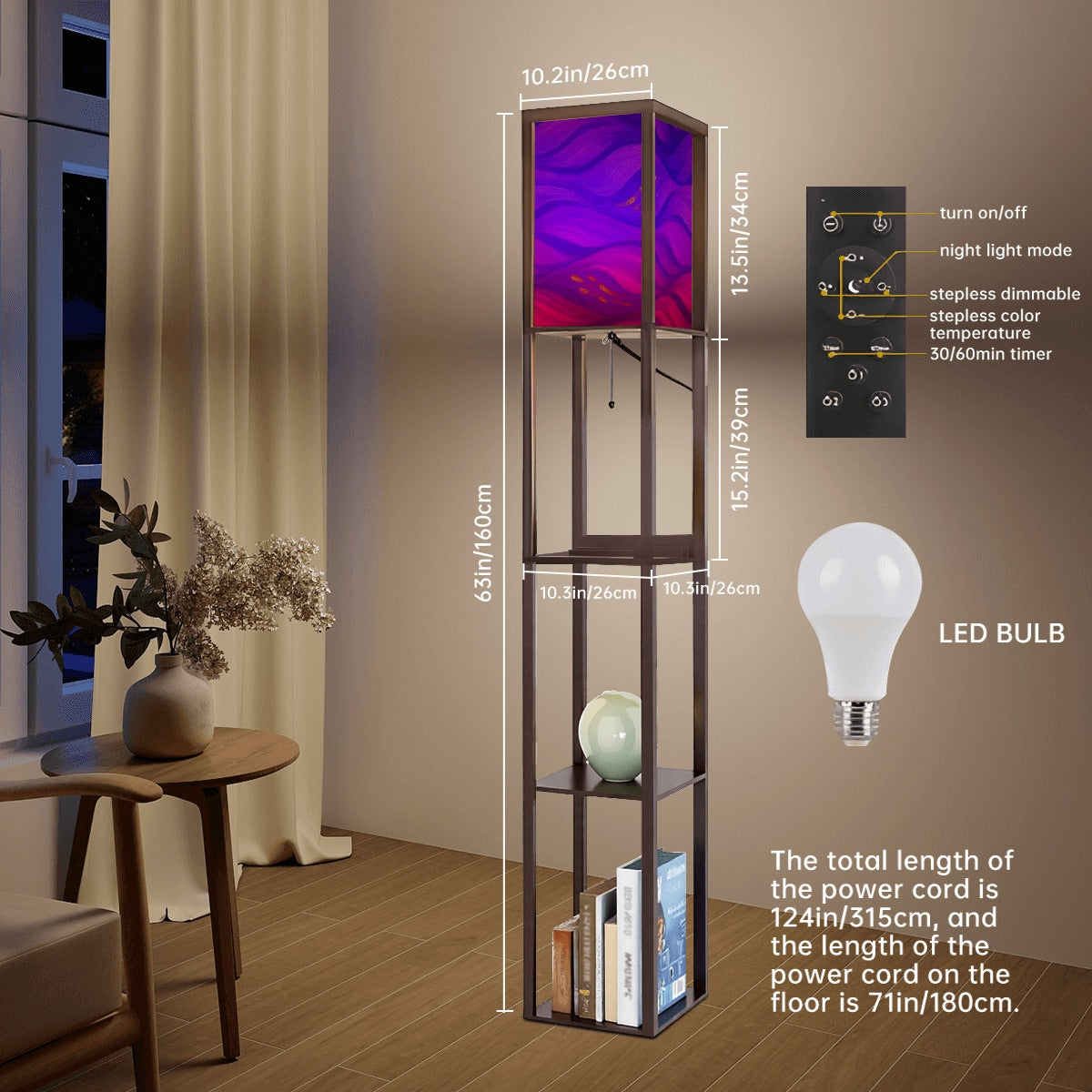Walnut-finish wood floor lamp with three shelves showcasing a vase and books, topped by a linen cube shade in a striking rainbow technicolor wavy pattern. The lamp features a pull-chain switch and visible black power cord.