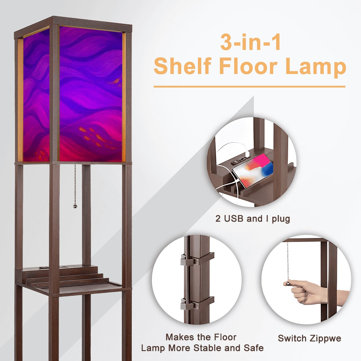 Walnut-finish wood floor lamp with three shelves showcasing a vase and books, topped by a linen cube shade in a striking rainbow technicolor wavy pattern. The lamp features a pull-chain switch and visible black power cord.