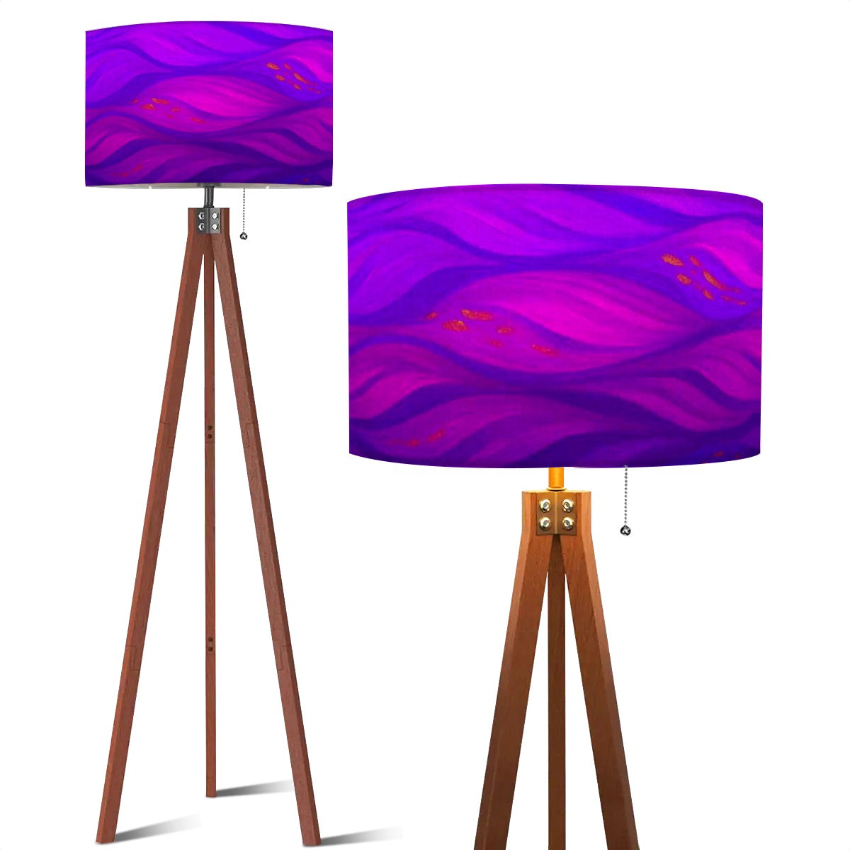 Tripod floor lamp with a bold linen shade in vibrant magenta and violet waves, on a wooden tripod stand.