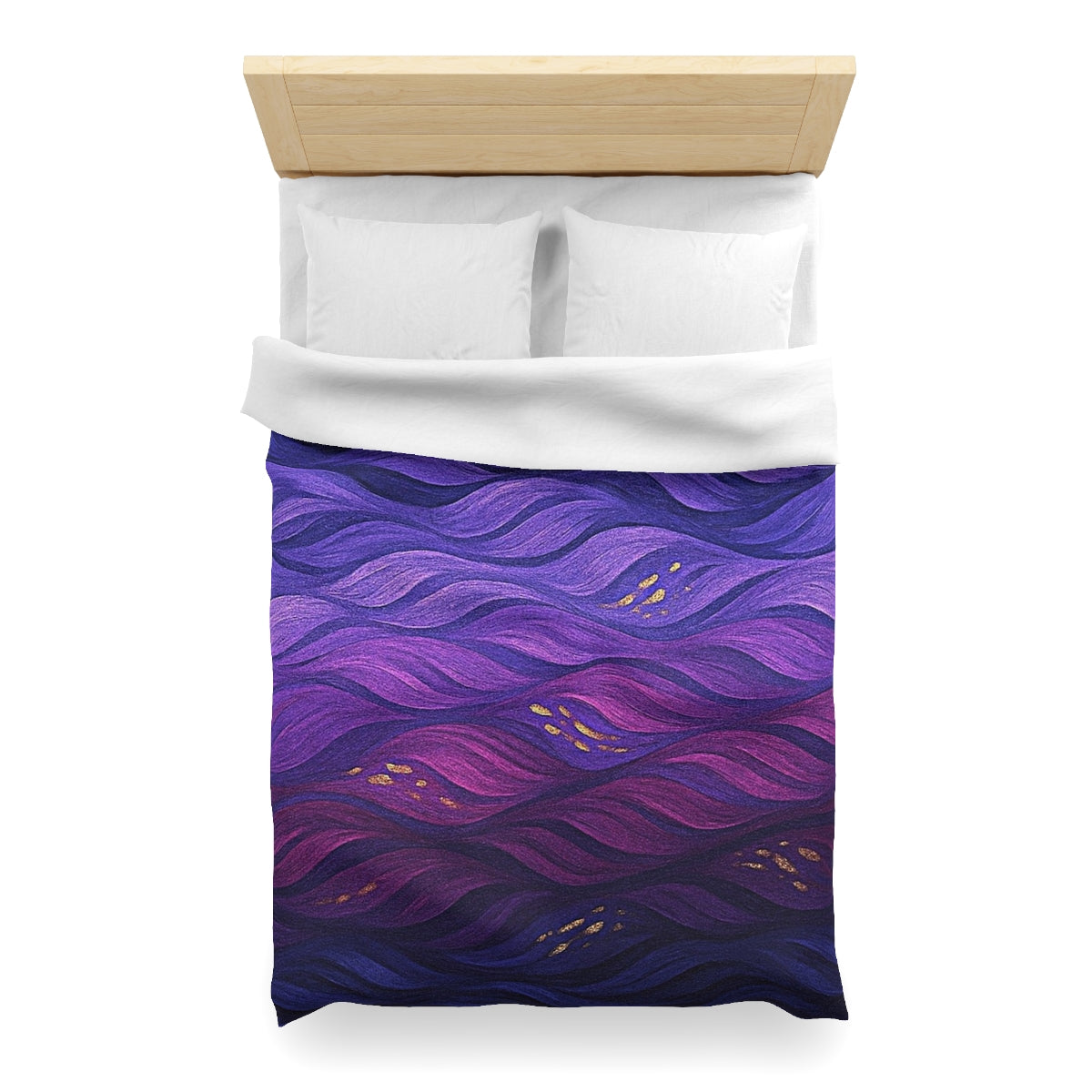 Twin XL size duvet cover in Technicolor with white lining, swirling purples, blues, and plum tones with golden spots