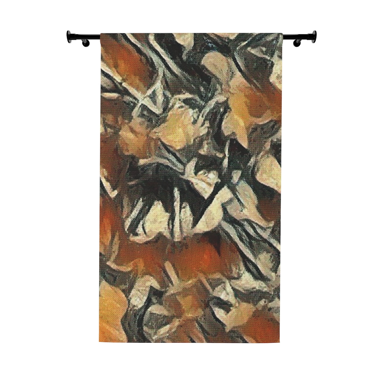 Blackout curtain with abstract leaf forms in warm rust, ochre, and charcoal tones layered in a textured painterly composition—shown flat on white