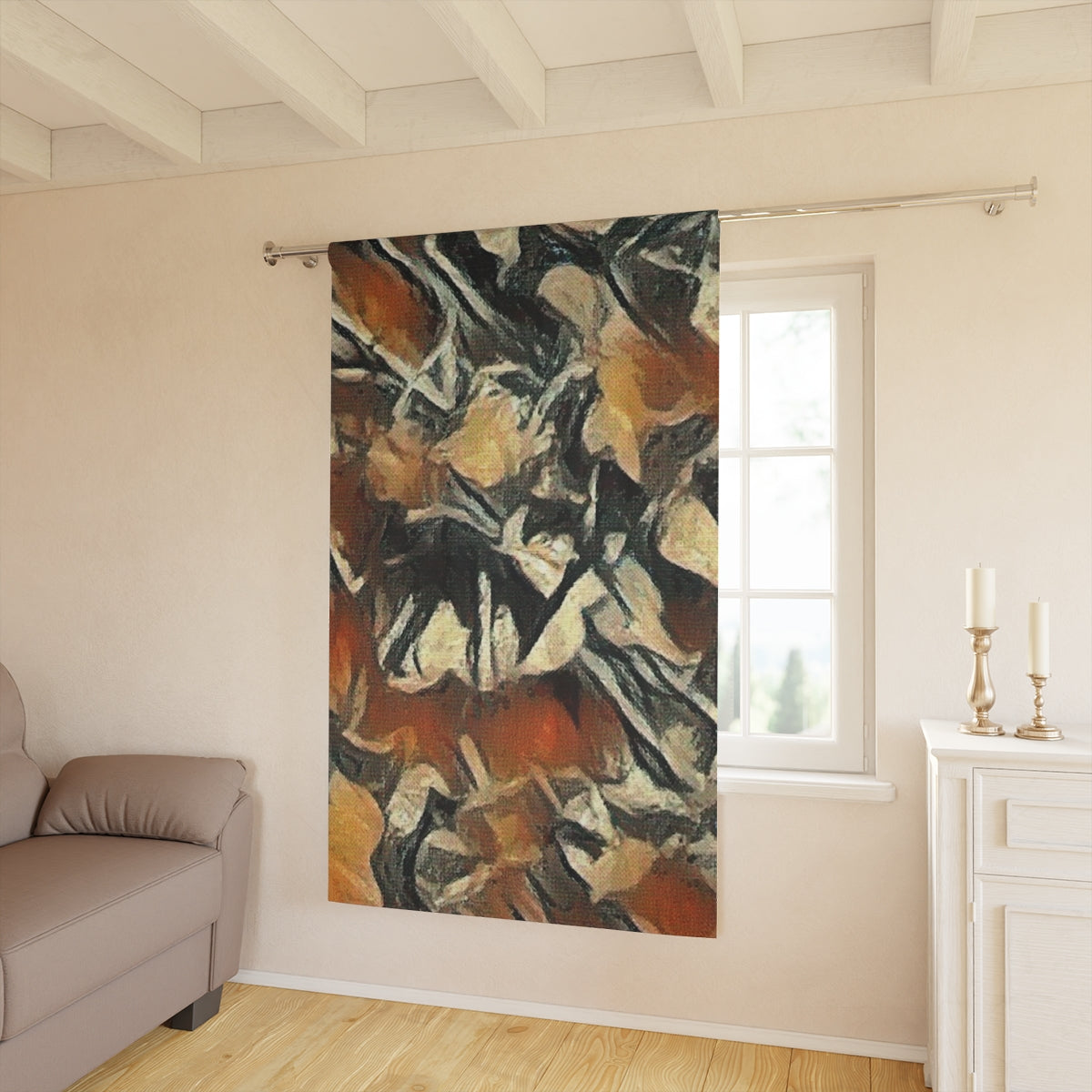 Terra Cadence blackout curtain casting earthy orange and brown tones into a daylight room with natural wood accents and beige walls