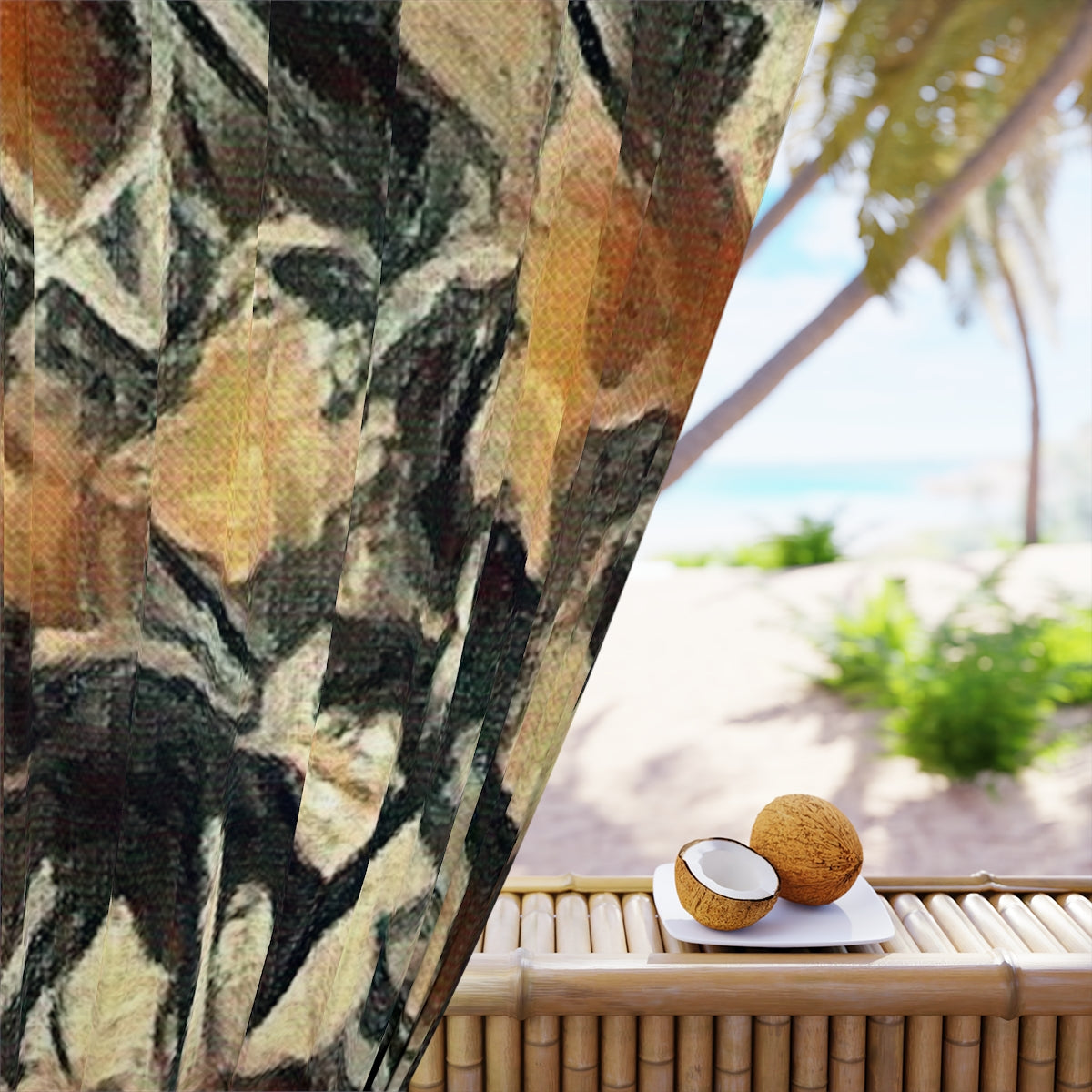 Detail of blackout fabric featuring angular foliage brushstrokes in deep rust, clay, and black, evoking a rhythmic, autumnal abstraction