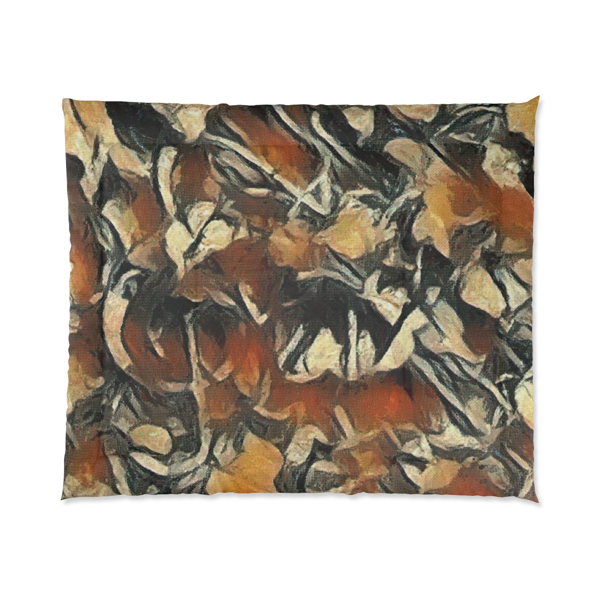 Comforter featuring sweeping brushstrokes in amber, russet, dark gray, and muted ivory, size 104'' x 88''