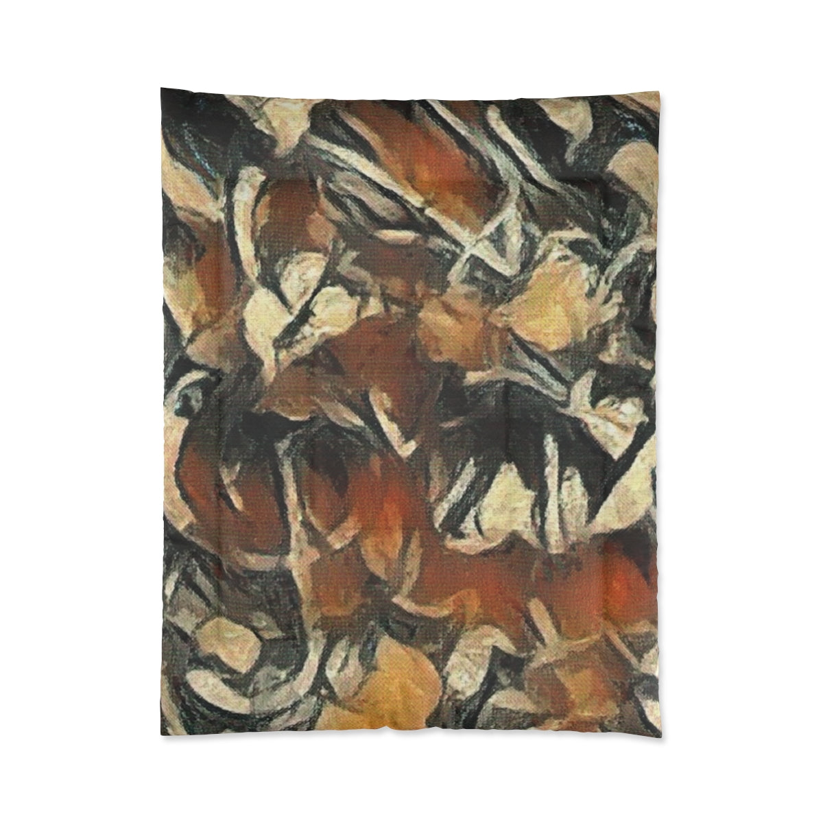 Abstract comforter with layered forms in rust, golden ochre, deep charcoal, and ivory tones, size 68'' x 88''