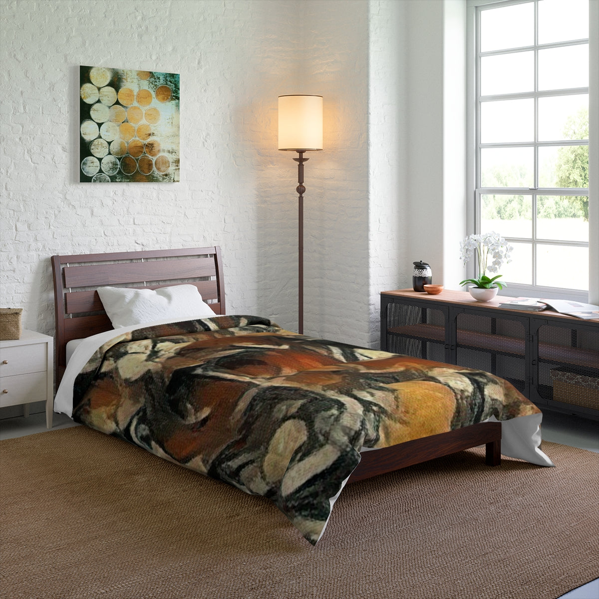 Comforter on bed with flowing organic shapes in rich rust and amber hues, outlined in black over a soft neutral ground, size 68'' x 88''