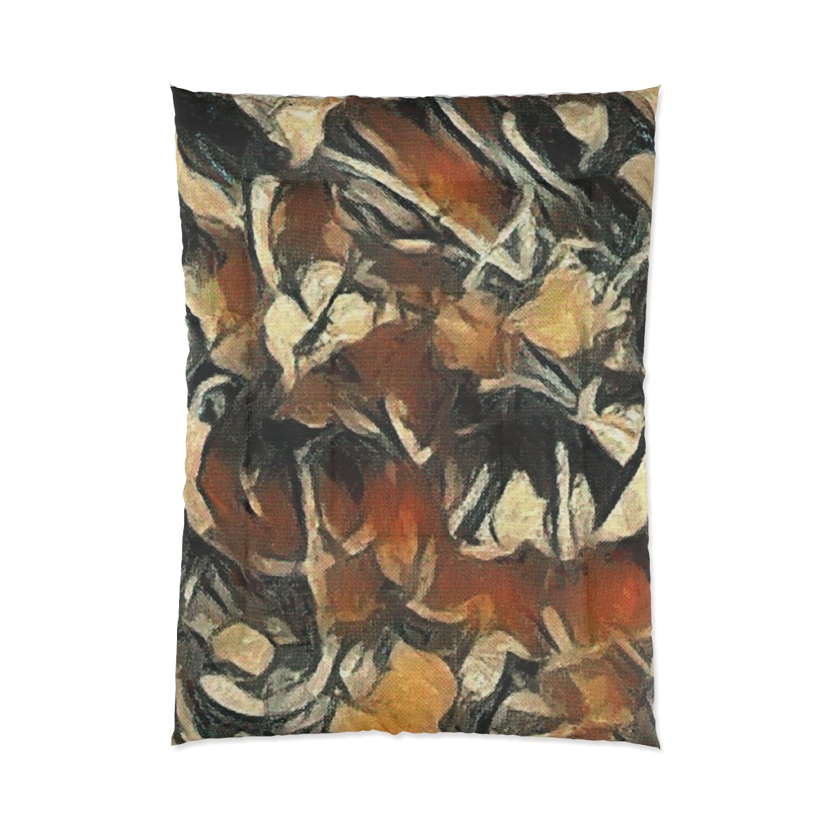 Earth-toned abstract comforter with expressive brushwork in burnt sienna, ochre, and charcoal, size 68'' x 92''