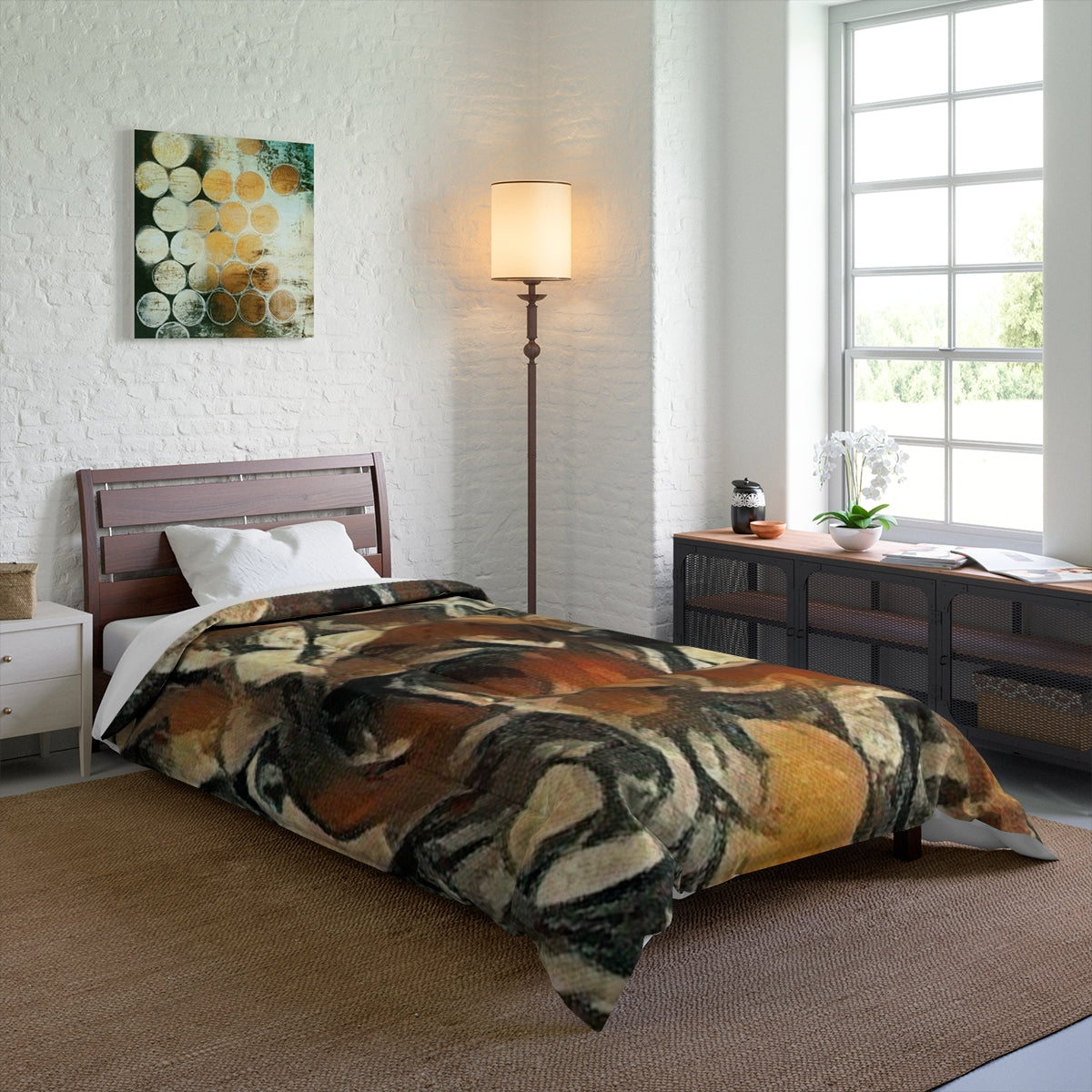 Comforter displayed on bed, showing layered autumnal tones and dark structural strokes, size 68'' x 92''