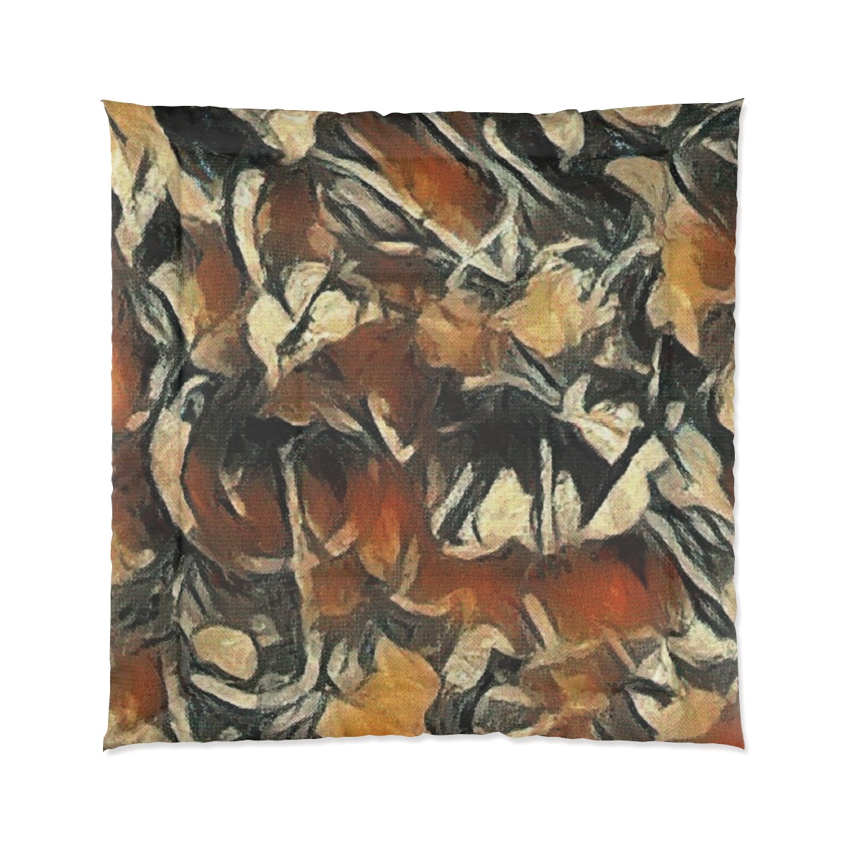 Bold abstract comforter with warm rust, ochre, and ivory forms tangled in black contours, size 88'' x 88''